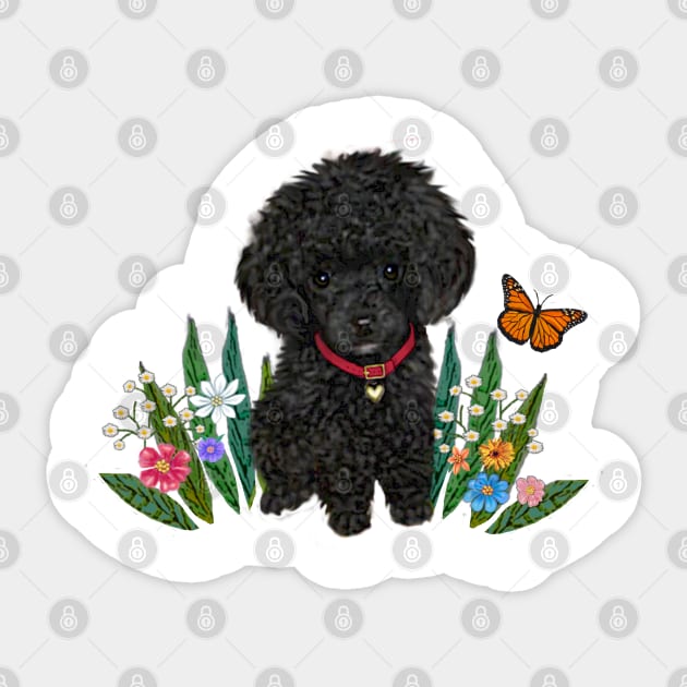 Black Fluffy Poodle Sitting on Grass with Flowers Sticker by Dogs Galore and More